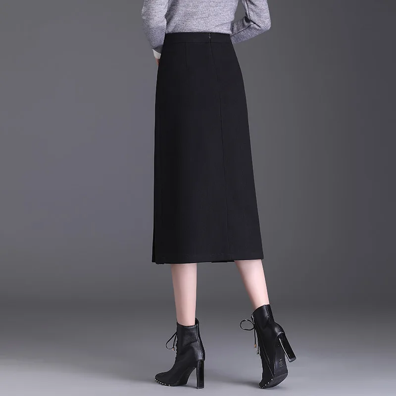 여성용 우아한 블랙 모직 플리츠 스커트, 두꺼운 지퍼, 하이 웨이스트 슬림, 캐주얼 오피스 레이디 정장, 롱 스커트 6782, 가을 겨울