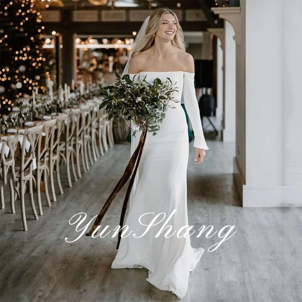 Yunshang Elegant Mermaid Wedding Dresses Long Sleeve Open Back Simple Off The Shoulder Bridal Gown Sweep Train Vestidos De Novia