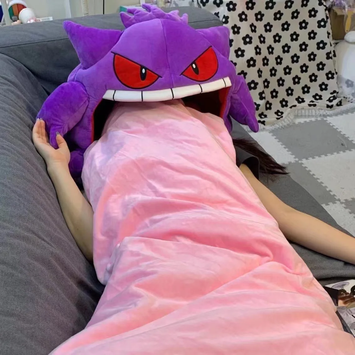 

Cartoon Anime Pokemon Gengar Tongue Sleeping Pat Manga Elf Sleep Pillow Dual Purpose Nap Blanket Toy Doll