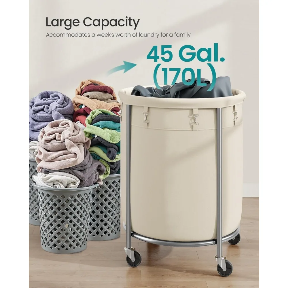 

Laundry Basket with Wheels, Rolling Laundry Hamper, 45 Gal., Round Laundry Cart with Steel Frame and Removable Bag