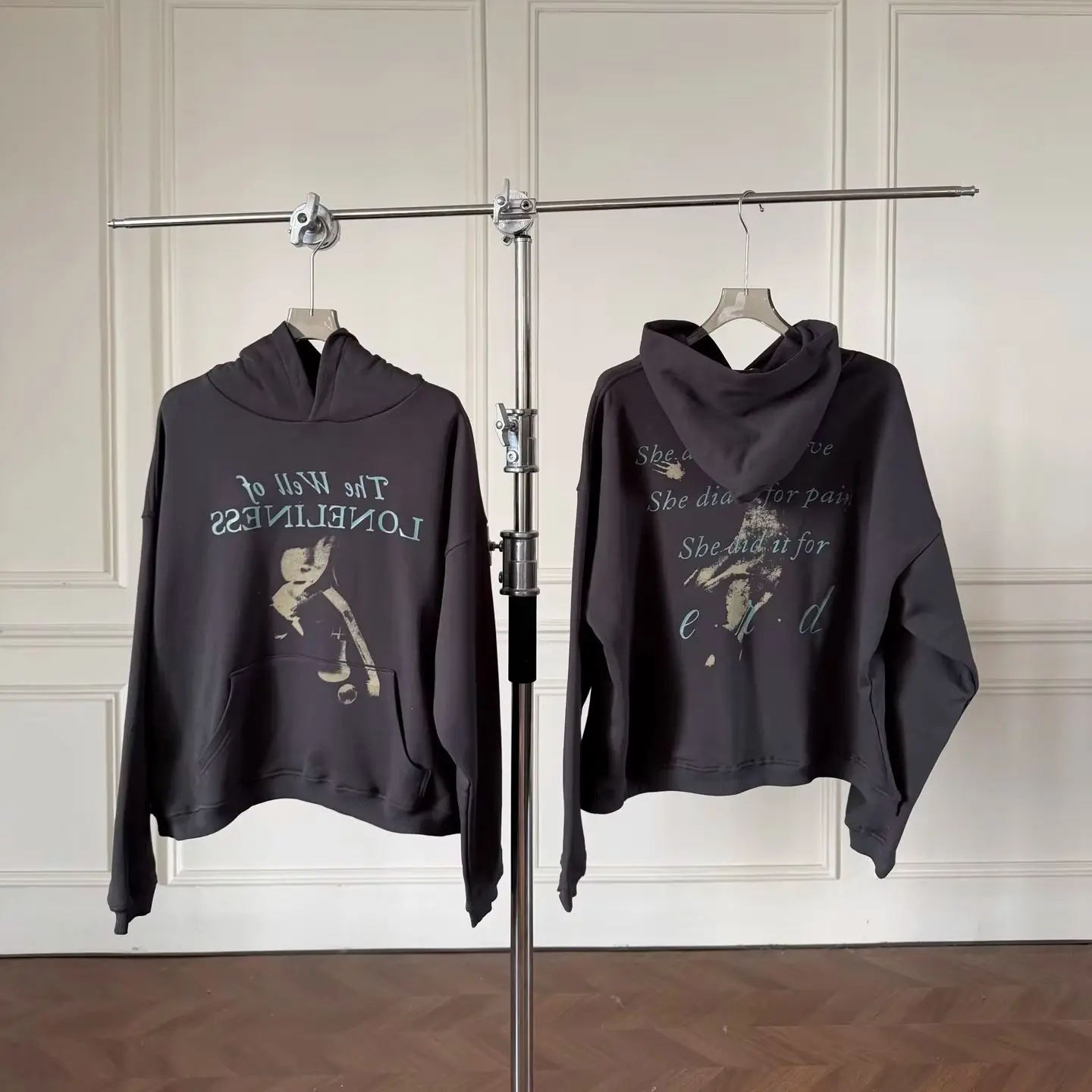 New Style Unisex Double Sided Print Hoodie Vintage Washed Distressed Oversized Dark Grey Casual Streetwear Pullover To