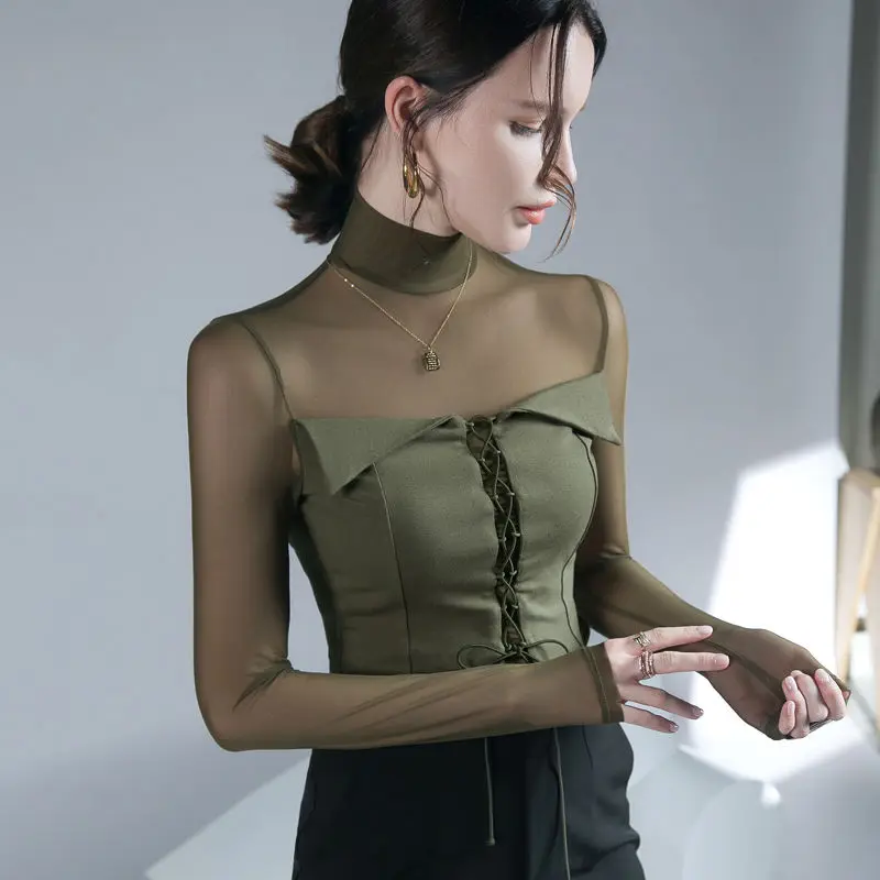 Spring Autumn Fashion High Collar Women\'s Clothing Leisure Versatile Slim Fit Patchwork Korean Style Tees Female Clothes Tops