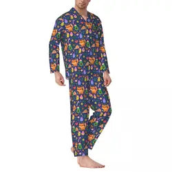 Bonito raposa impressão conjuntos de pijama engraçado natal kawaii pijamas homem manga longa solto lazer 2 peças pijamas tamanho grande xl 2xl