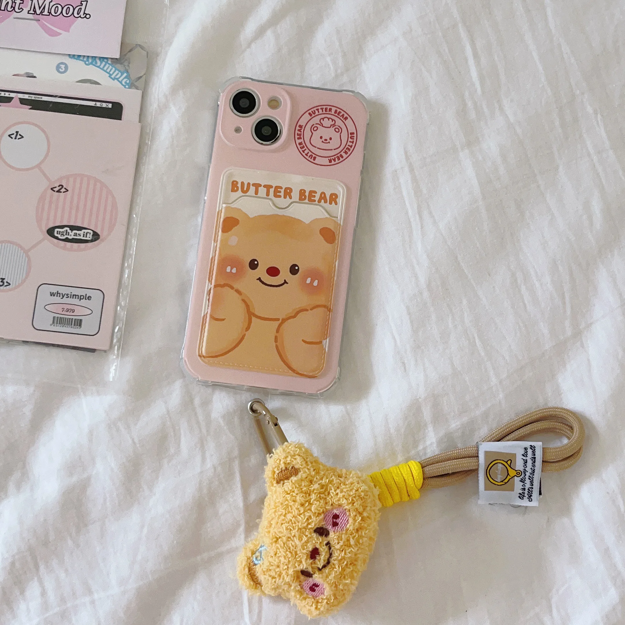 Butter Bear Card Bag Shockproof Phone Case For iPhone 15 11 12 13 14 Pro Max Doll Bear Phone Strap Phone Lanyard Protector