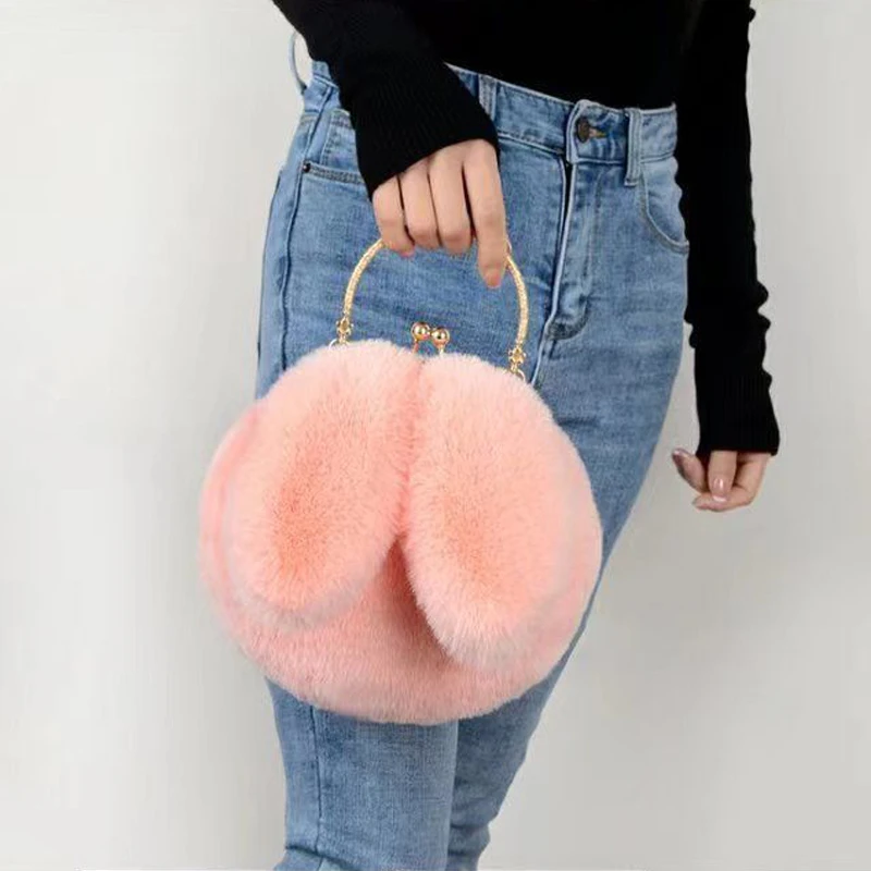 Fashion Crossbody Bags Faux Fur Small Tote Women Handbags Chain Luxury Rabbit Ears Shoulder Warm Plush Female New Winter Purse