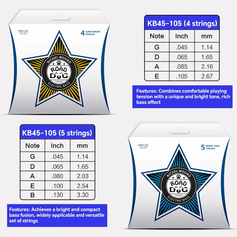 Road Dog Bass Guitar Strings Bass Strings - Unrivaled Strength, Tuning Stability Enhanced Response - For 4 String Bass Guitars