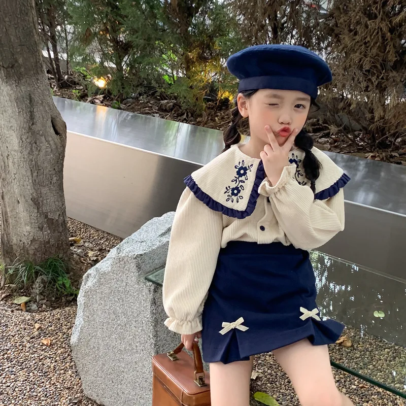 Autumn Girl\'s Set Baby Girl Korean Style Fashion Lapel Shirt+Short Skirt Two-piece Sets Spring Child Toddler Navy Clothing