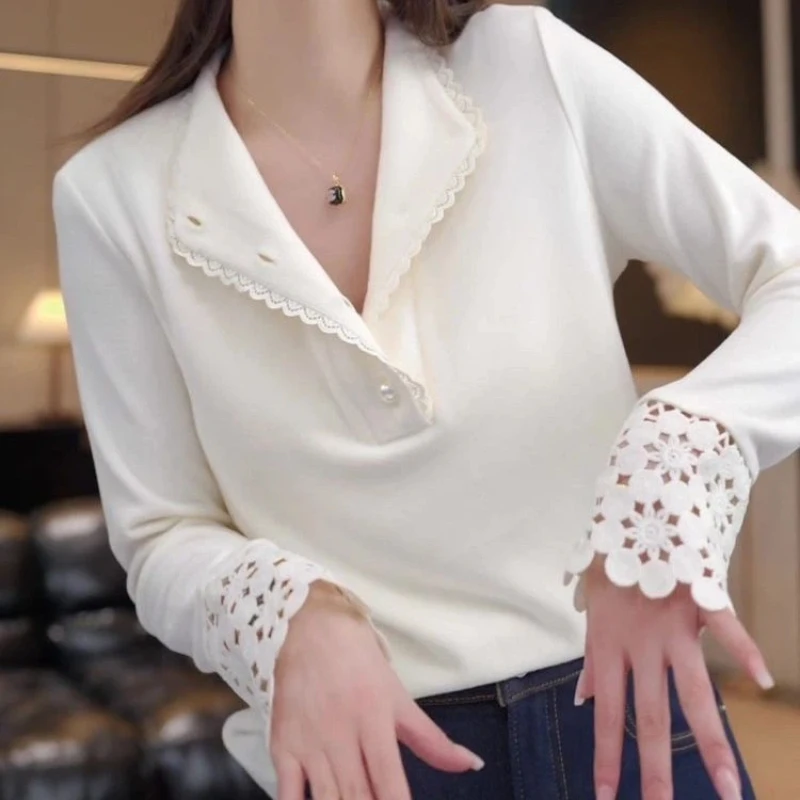 

Women's Elegant Lace Trim White High Neck Velvet Top Loose Versatile Winter Tops Women Clothing