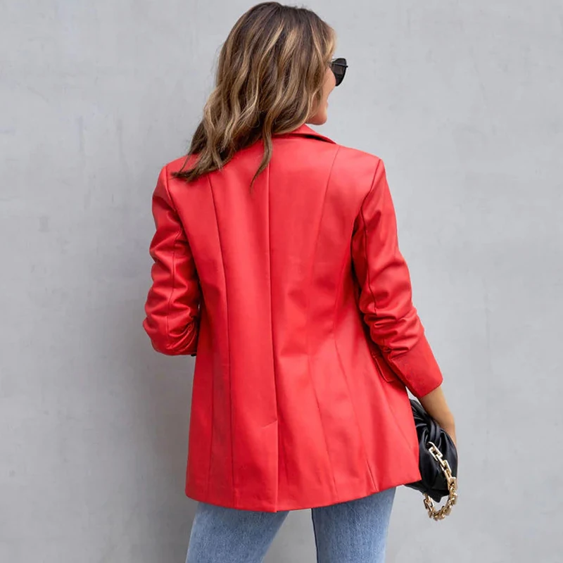 Casual Leather Jacket Women Red Single Breasted With Pockets Pu Spring Coat Women Office Ladies Classic Blazer Long Sleeve Tops