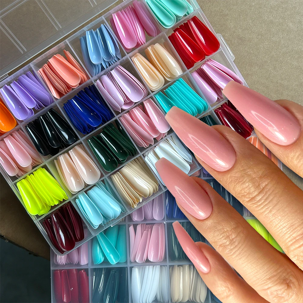 

576 шт. Длинные накладные ногти-гробики, гелевые, однотонные, цвета конфет, с полным покрытием, длинные трапециевидные, акриловые, смешанные красные, накладные ногти Press On