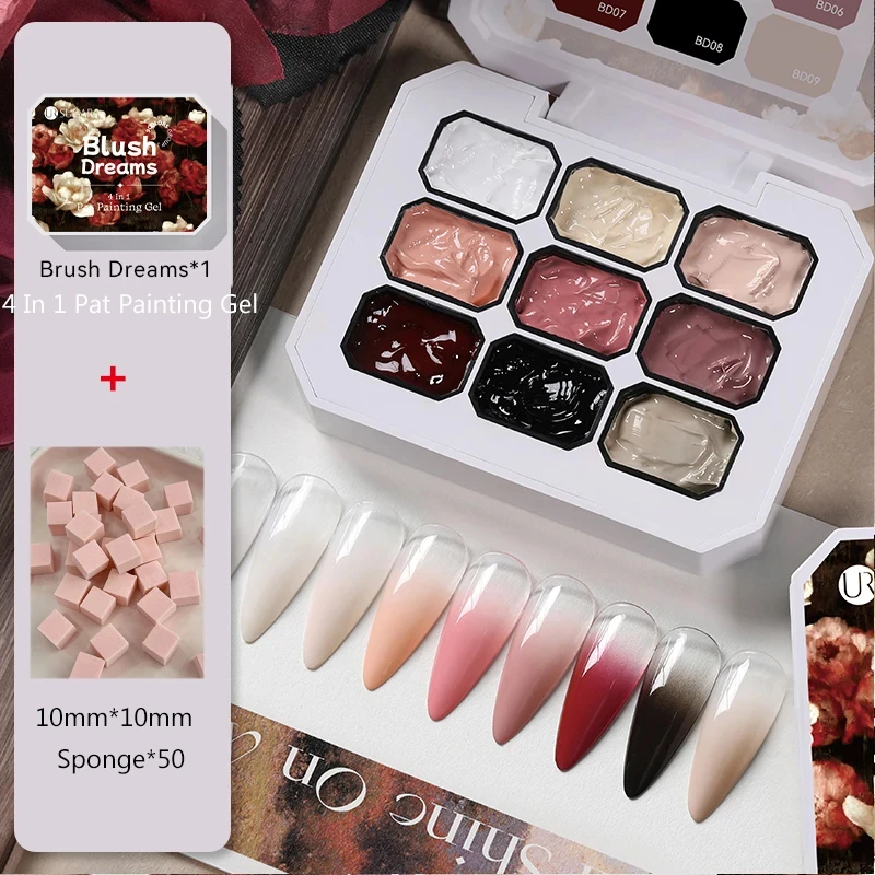 UR SUGAR 9 Colors Gradient Painting Gel Palette with 50pcs Mini Sponge Set French Ombre Gel Nail Polish for Pigmented Manicure
