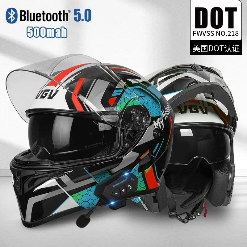 DOT Certification Motorcycle Bluetooth Helmet Double Lens Cross Section Safety Helmet Modular Flip Helm Unisex Helmet with Visor