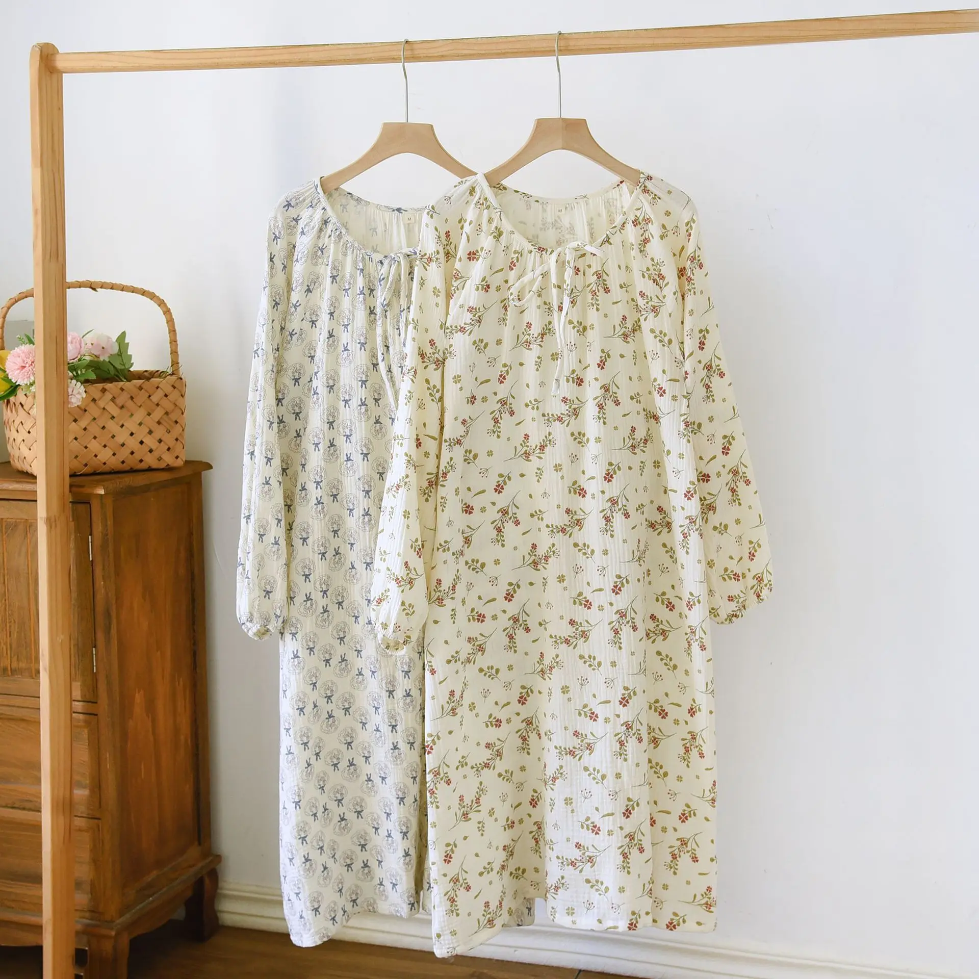 

Spring Autumn Pajamas Dress Women's Long Sleepwear 100% Cotton Double Gauze Printing Nightgown One-piece Night Dress Woman