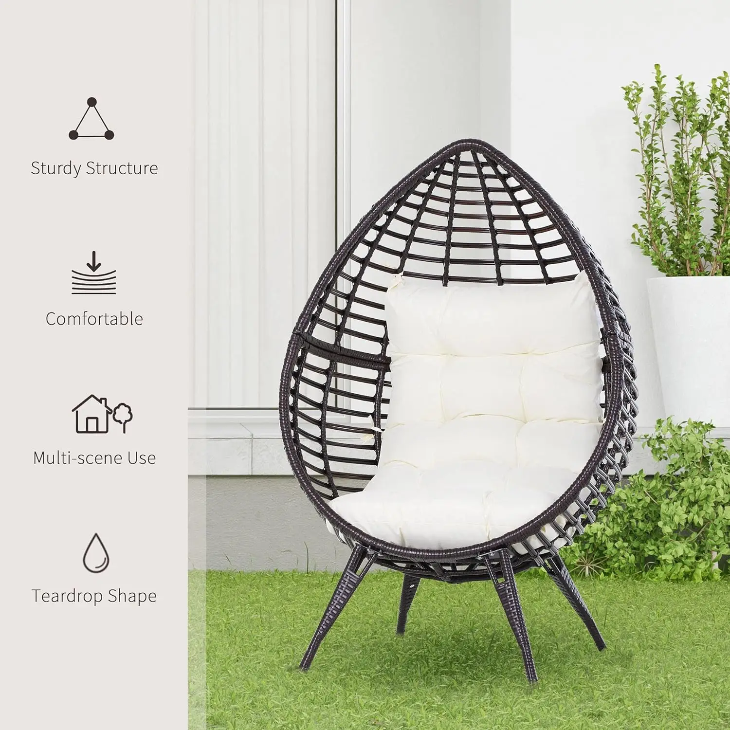 With Upholstery Outdoor/Indoor PE Plastic Rattan Egg Chair, Teardrop Pillow Seat with Adjustable Height Feet