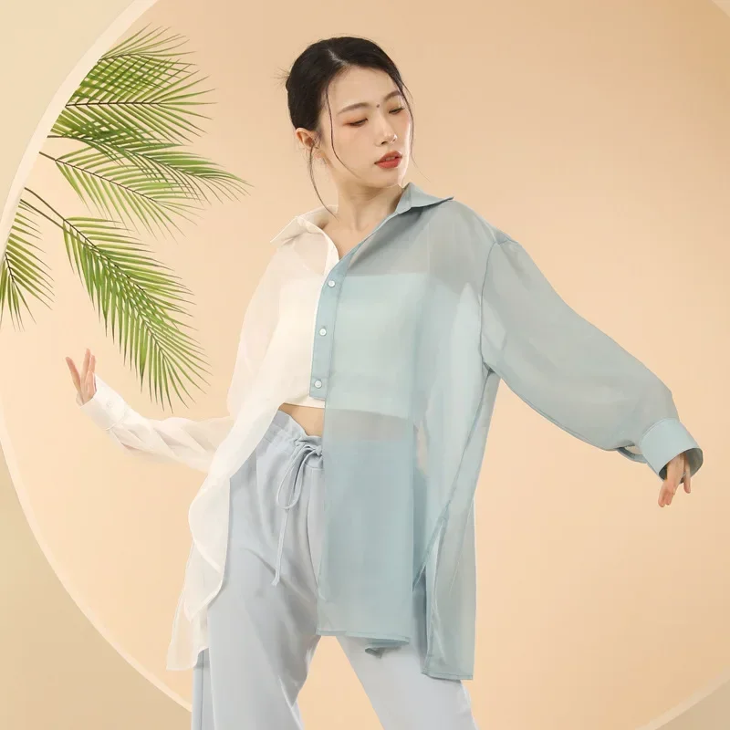 Double Tone Loose Chiffon Shirt Classical Ballet Top Contrast Color Contemporary Dance Costumes Back Split Body Rhyme Adults