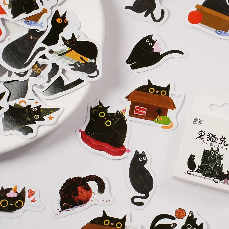 MOHAMM 46pcs Black Cat Box Sticker Animal Account DIY Material Decoration Seal Decal