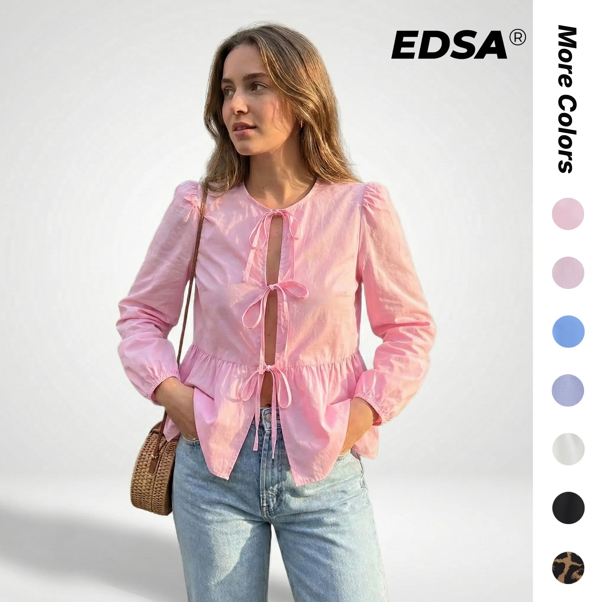 

EDSA женская рубашка на шнуровке с бантом, длинными пышными рукавами и круглым вырезом, милые стильные женские топы для весенне-летней блузки