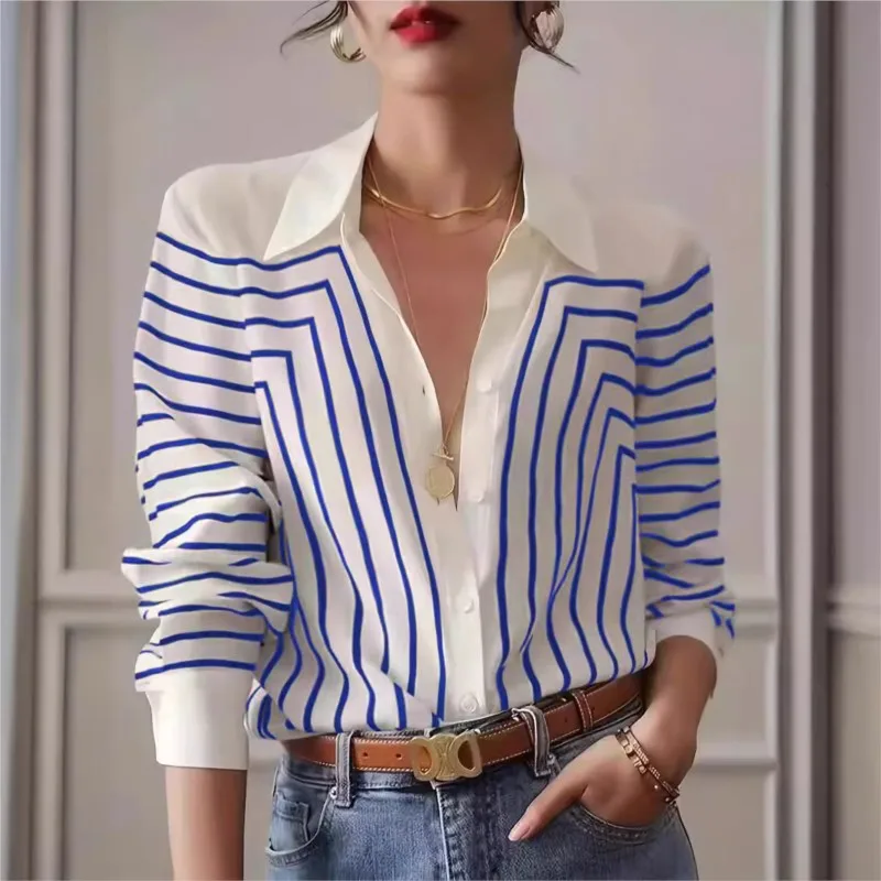 

Casual striped lapel single breasted long sleeved shirt top for spring and summer women's fashion temperament versatile coat top