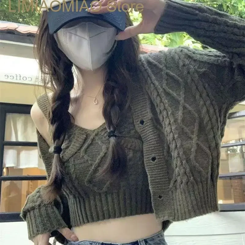 

New Sweaters V Neck Tanks Two Piece Short Cardigan Solid Sets Knitted Vintage Fashion High Street Sueter Crop Tops Pull Femme