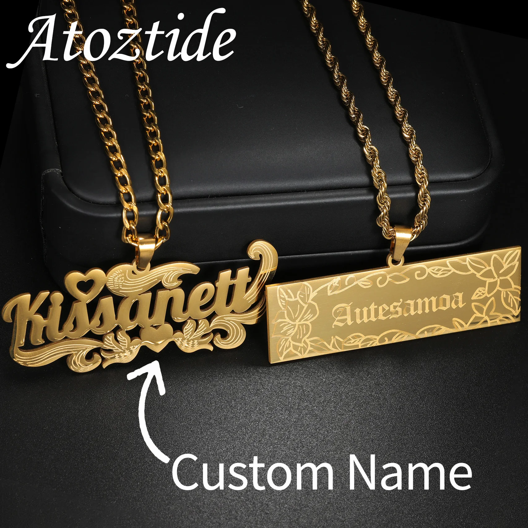 Atoztide Custom Name Necklace for Women Stainless Steel Jewelry Marking Rectangle Pendant Twist Chain Personalized Birthday Gift
