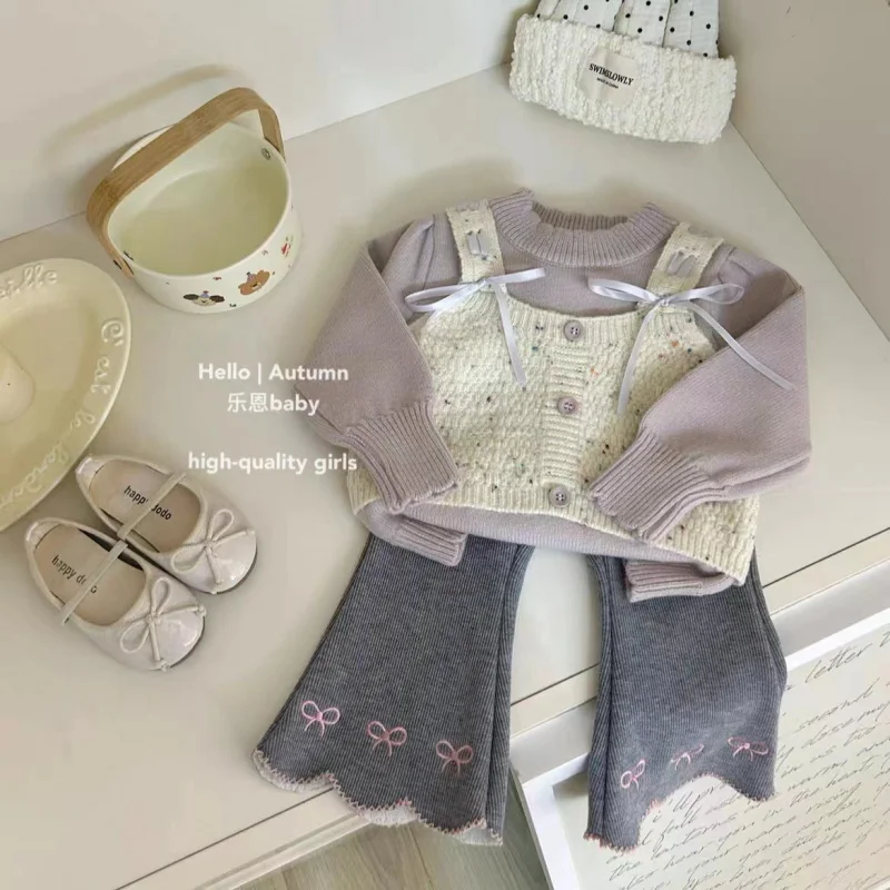 

Girls' Suit2024Autumn and Winter Purple Fake Two Pieces Cute Sweater Gray Single-Layer Fleece-Lined Bell-Bottom Pants Suit65269