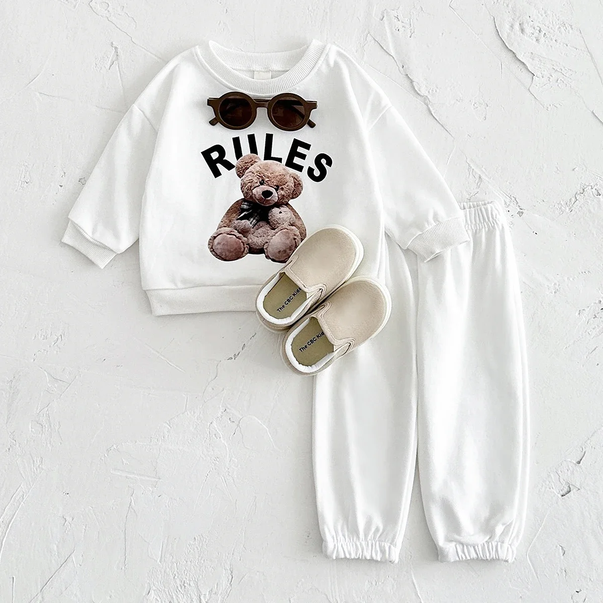Infant Unisex 2Pcs Tracksuit Bear RULES Letter Print Crew Neck Sweatshirt and Elastic Cuff Pants Baby Boys Girls Casual Outfit