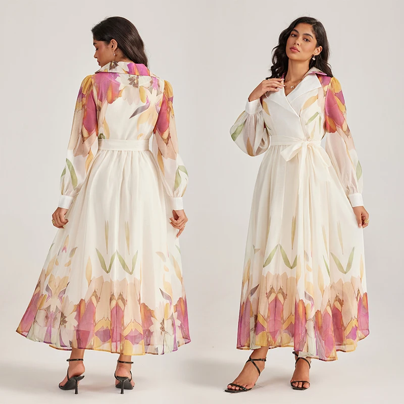 เดรสลำลองอเนกประสงค์แฟชั่นสำหรับผู้หญิง กระดุมเดี่ยว แขนยาว ลายดอกไม้ ช่วงเอวเข้ารูป ทรงแม็กซี่ เหมาะสำหรับใส่ทำงาน