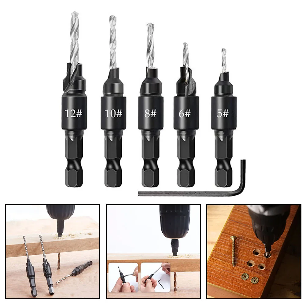 

5pcs Countersink Drill Woodworking Hex Shank Adjustable Quick Change Drill Kit Drilling Pilot Holes For Screw Hole Drill