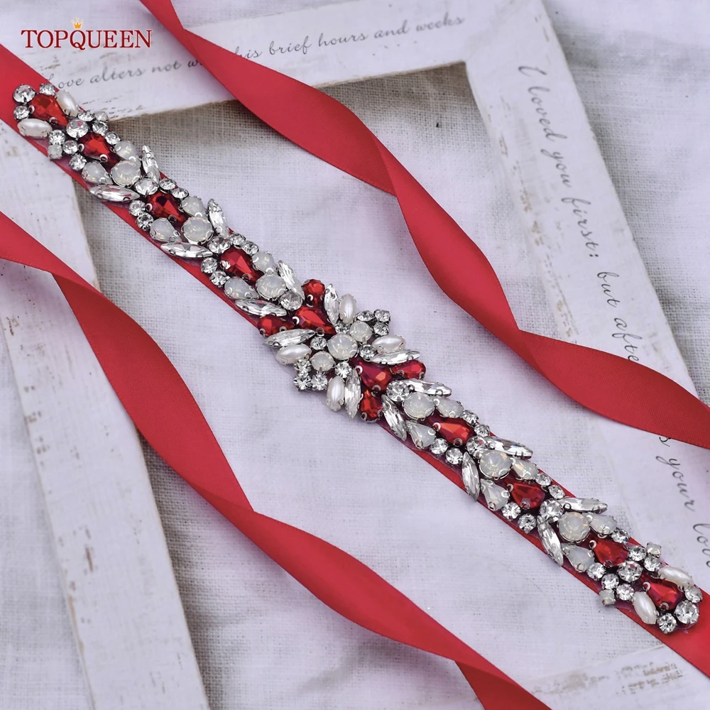 Topqueen S57 Bruids Riem Trouwjurk Accessoires Rode Steentjes Opal Crystal Applicaties Formele Avondjurk Sash Ivoor Lint