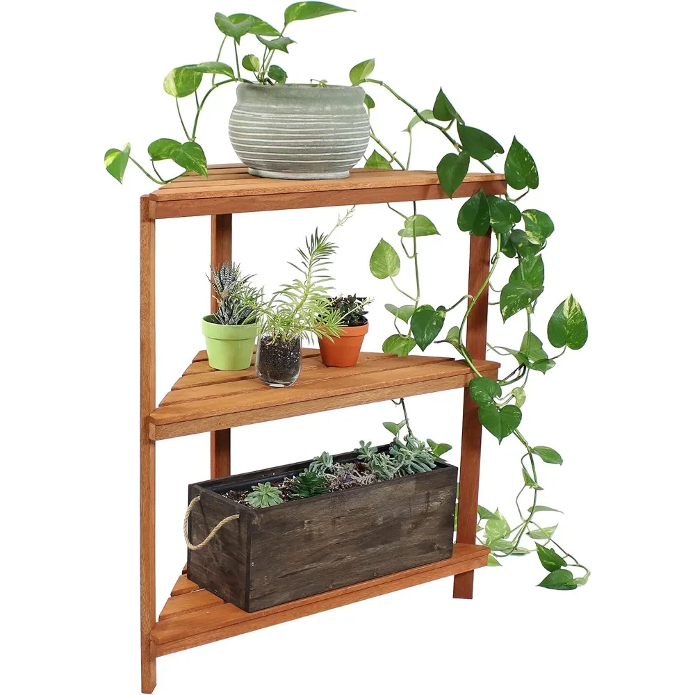 

Meranti Wood 3-Tier Corner Plant Stand Shelves with Teak Oil Finish - Indoor/Outdoor Wooden Planter Furniture - Potted Plant Ho