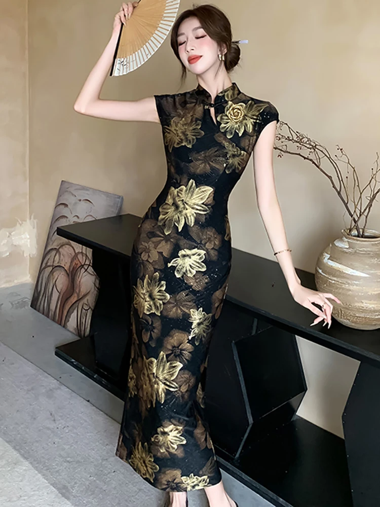 Summer Black Jacquard Floral Casual Long Dress Women Short Sleeve Hip Wrap Bodycon Dress 2025 Korean Vintage Elegant Party Dress