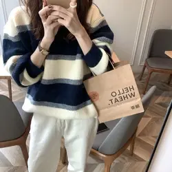 New autumn and winter thickened knitted bottoming shirt, retro color matching Korean style loose slimming lazy sweater for women