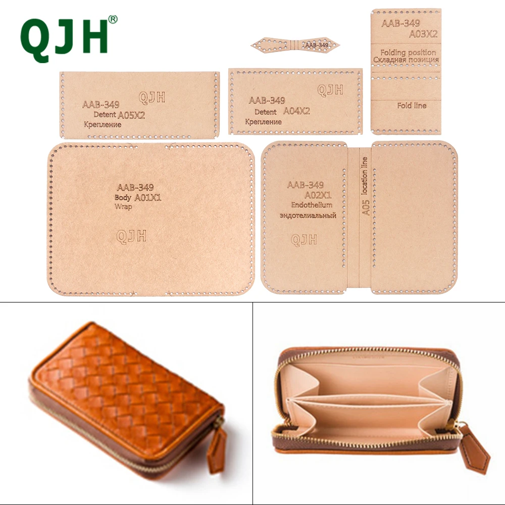 QJH Leather Handmade Crafts Card Bag Pocket Wallet Kraft Paper  Template Three-Layer Zipper DIY Leather Production Template