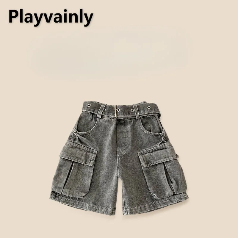 

Boys Cargo Jeans Shorts 2025 New Summer Black Grey Big Pocket Middle Pants with Belt Fashion Knee Length Denim Short Pants A2175