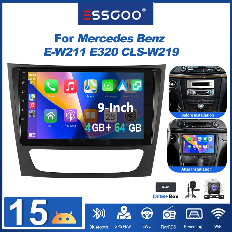 ESSGOO 9 Zoll Android 15 4G+64G passend für Mercedes-Benz E-Klasse W211 E200 CLS 2002-2010, Autoradio mit kabellosem CarPlay und Android Auto, GPS Navigation, RDS FM Radio, WLAN, Bluetooth, Mirror