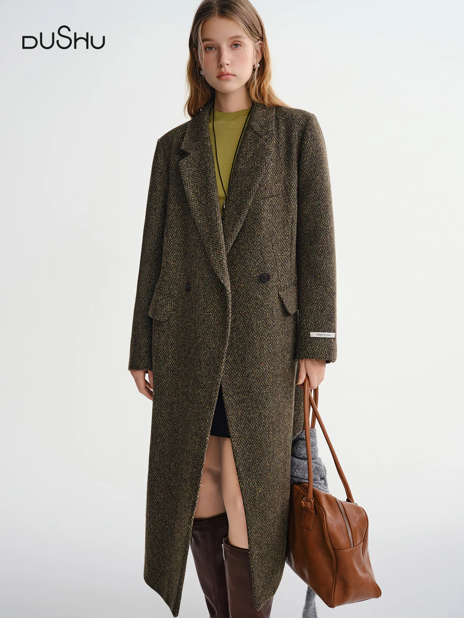 

DUSHU Winter 2025 Women's Double Breasted Notch Lapel Wool Blend Coat - Classic Tweed Overcoat with Slim Fit for Office Casual