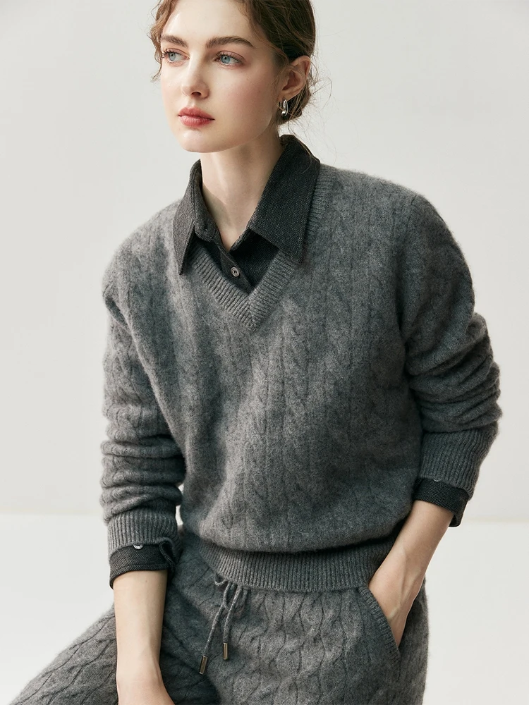 

CHICUU Autumn Winter Women's 100% Cashmere Knitted Sweater V-neck Cable Knitting Pullover Preppy Style Cashmere Clothes Jumpers