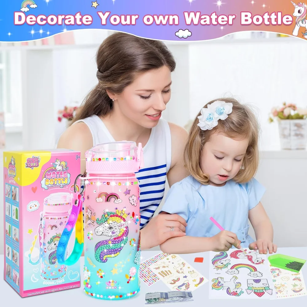 Decorar sus propios kits de botellas de agua para niñas, gema de unicornio, manualidades de pintura de diamantes para niñas, juguetes artesanales, regalos de unicornio para cumpleaños