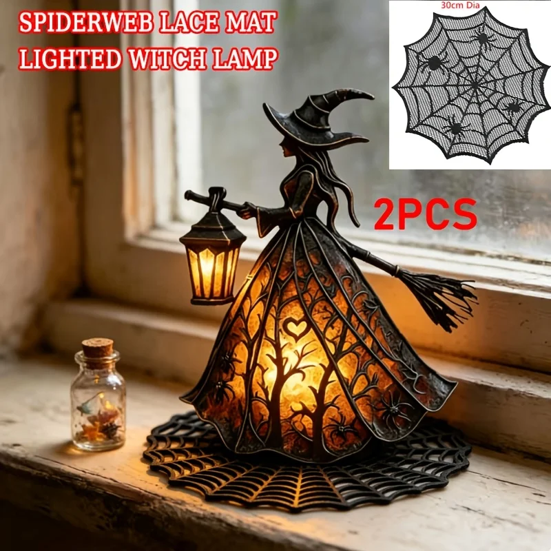 2PCS illuminated Halloween witch lantern statue with spider table mat, LED resin witch ornament decoration, both witch body and handheld lantern can emit light, suitable for scary desktop decoration in homes, fireplaces, and porches