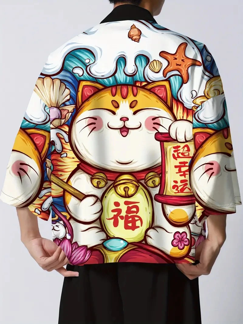 Men Cute Harajuku Japanese Beckoning Cat Cartoon Print Cardigan Kimono Summer Asian Traditional Yukata Haori Clothing For Women