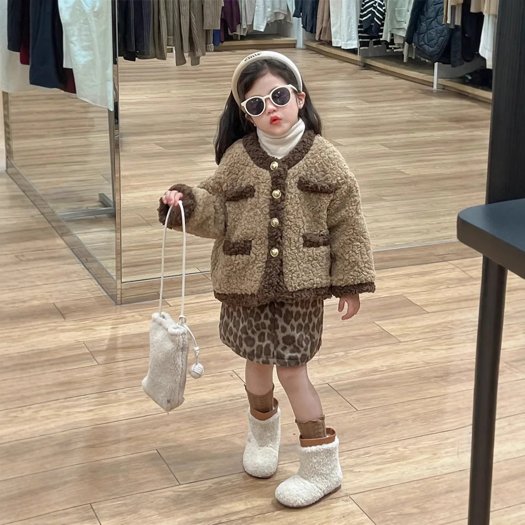 Coat and Skirt Set Autumn and Winter Thickened Warm Coffee Color Fashion Plush Coat Leopard Pattern Short Skirt Two Piece Set