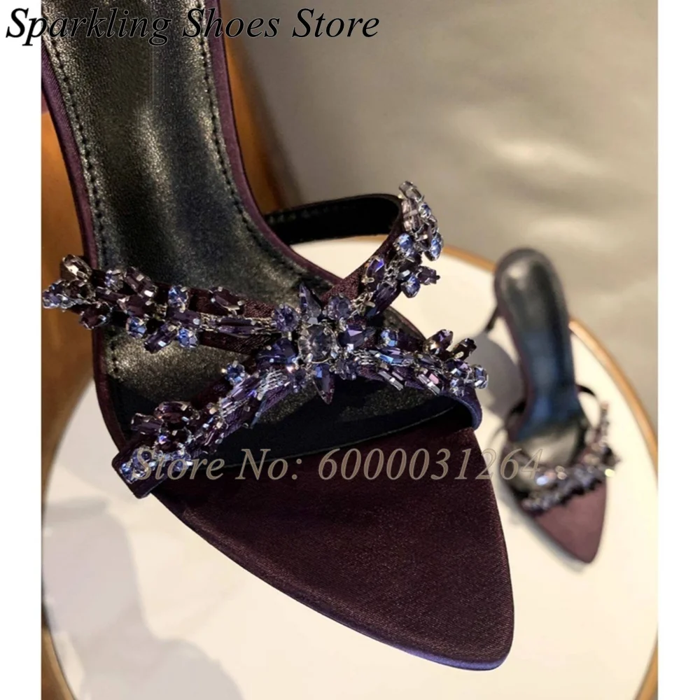 

Элегантные летние шлепанцы-мюли с кристаллами и стразами, фиолетовые, с острым носком и перекрестными ремешками, модель 2026