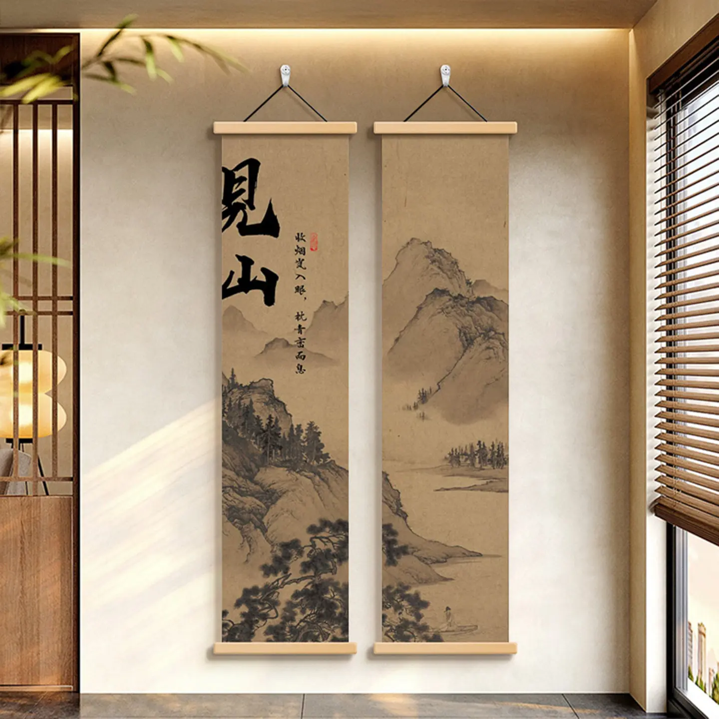 Wall Art Misty Mountain Ink Landscape Calligraphy Pearlescent Canvas Hanging Scroll with Wooden Rods for Entryway Tea Room