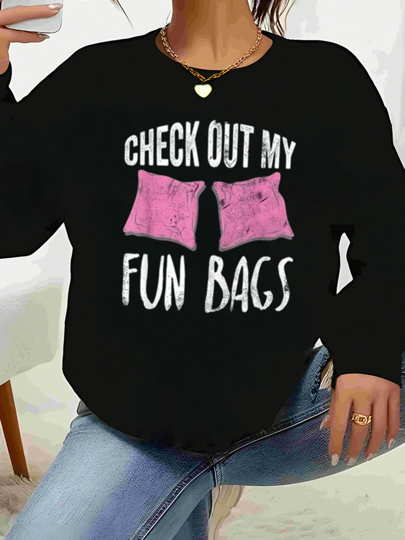 Check Out My Fun Bags Print Long Sleeve Sweatshirt Halloween Casual Wear Women