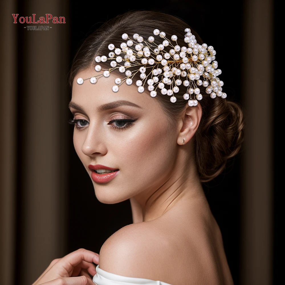 

YouLaPan Handmade Pearl Hair Comb Wedding Hair Accessories Bride Gold Color Hair Comb Elegant Full Pearl Bridal Headbands HP754