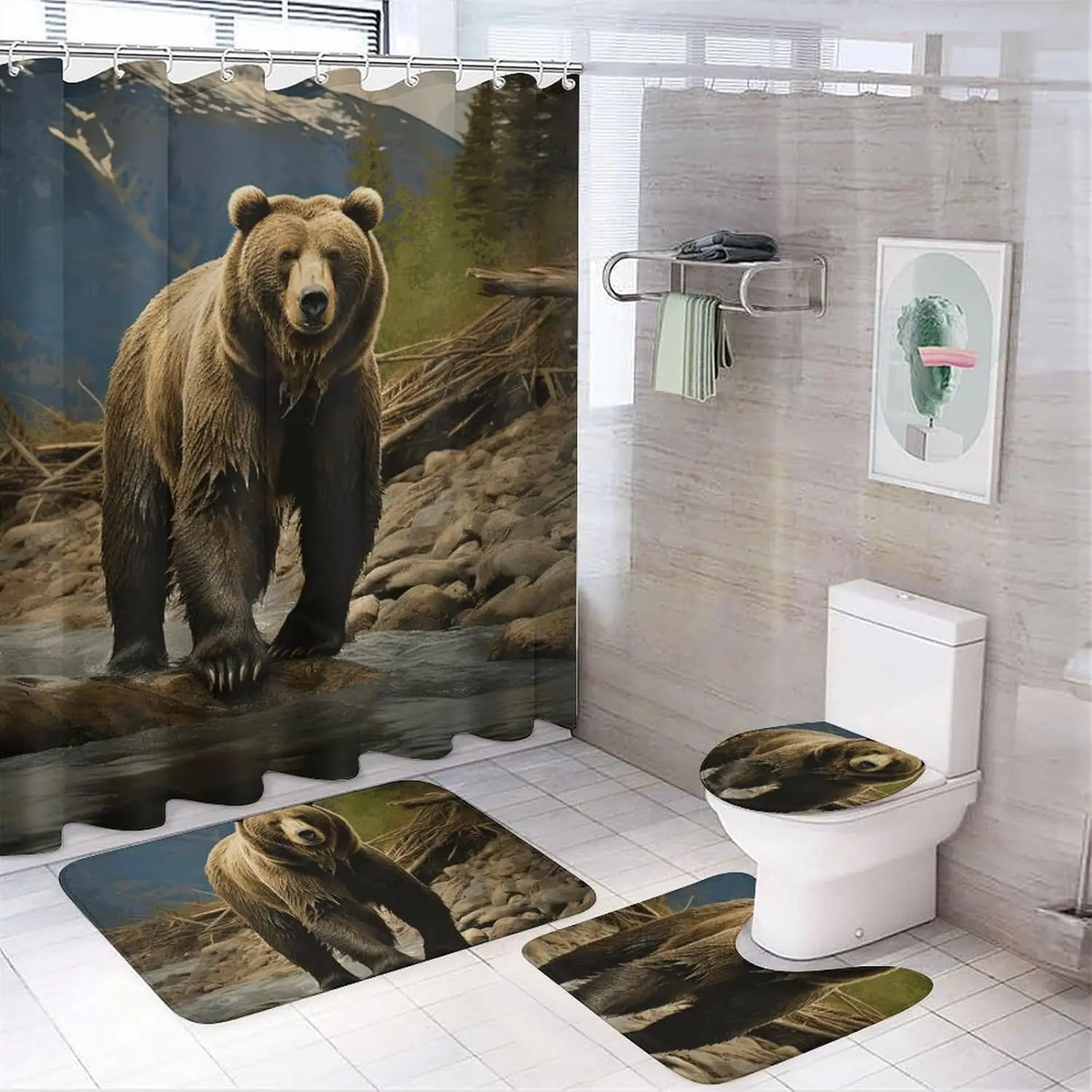 

Набор штор для душа «Коричневый медведь» из 4 предметов с нескользящими ковриками, крышкой для унитаза и ковриком для ванной Мягкий ковер для ванной Водонепроницаемый коврик для ванной комнаты