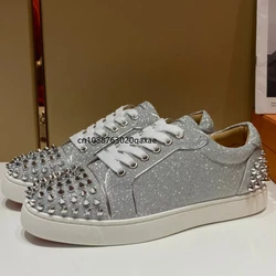 European station women's shoes, low top men's shoes, silver, black, red soled shoes, toe with nails, rear tail, Liu Ding couple