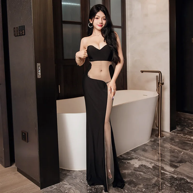 Vestido de noche Sexy para discoteca, vestido transparente de cintura con falda larga con empalme de malla ajustada y temperamento de corte bajo a la moda