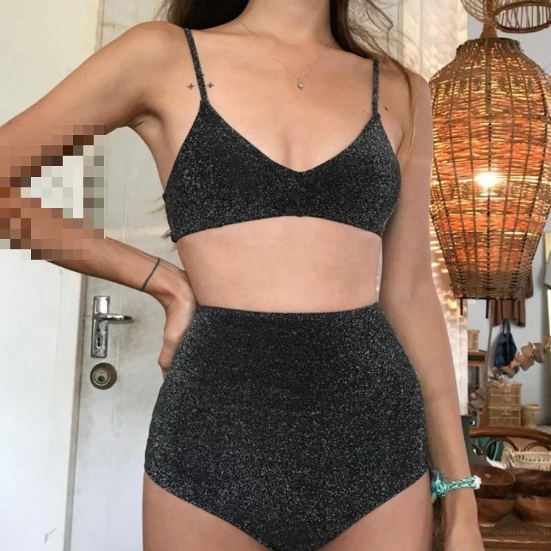 

2026 New Women's Solid Color Bikini, Athletic Sweet & Spicy High-Waisted Triangle Halter Two-Piece for Hot Spring Vacation