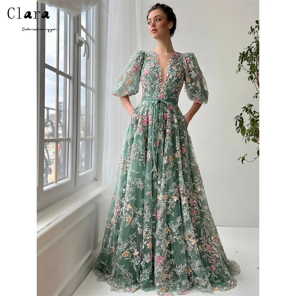 Clara personalizado a linha flor com decote em v rendas vestidos de noite 2025 mulher de luxo elegante vestido de noite longo vestido de baile feminino